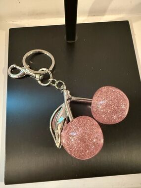 Silver Cherry Keychain with Pink Glitter Charms